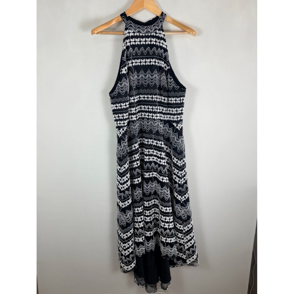 Katherine Kelly 14 Black White Embroidered Halter Midi Dress Sheer Overlay Hi-Lo